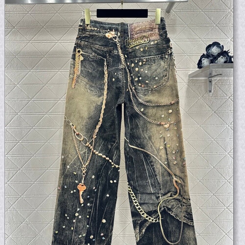 Acne Studios Distressed Chain Embellished Wide Leg Jeans